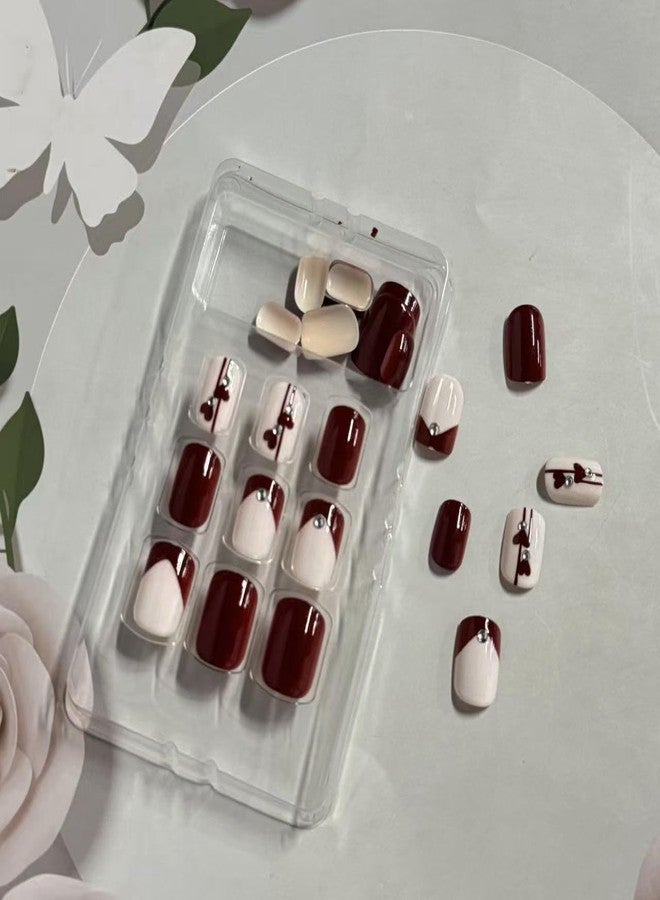 GRITOSE Valentine's Day Press on Nail Short Square Fake Nails Red False Nails with Rhinestones designs Acrylic French Tip Press ones Glossy Full Cover Reusable Glue on Nails for Women 24pcs - Image 4